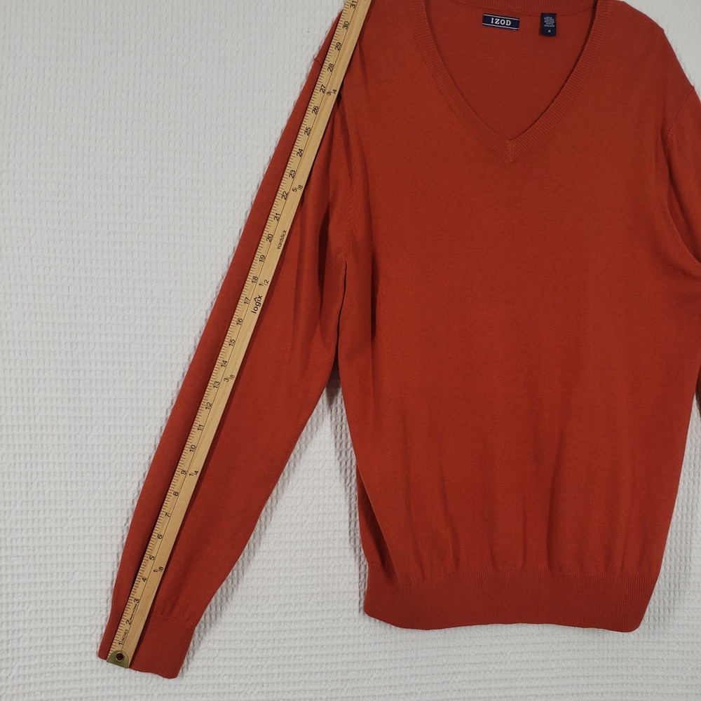 IZOD V-Neck Sweater Mens Medium Orange Cotton Wool Blend Knit Classic Preppy - Picture 6 of 13